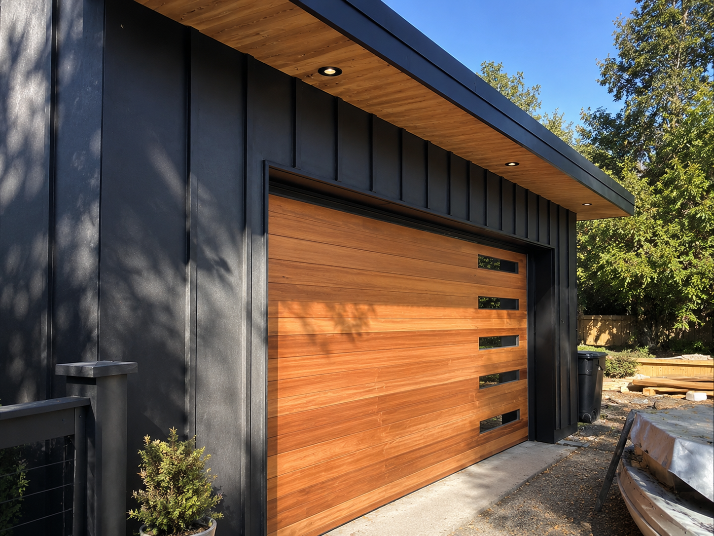 Faux-wood garage door on a tree-lined period-revival home in a Burlingame neighborhood